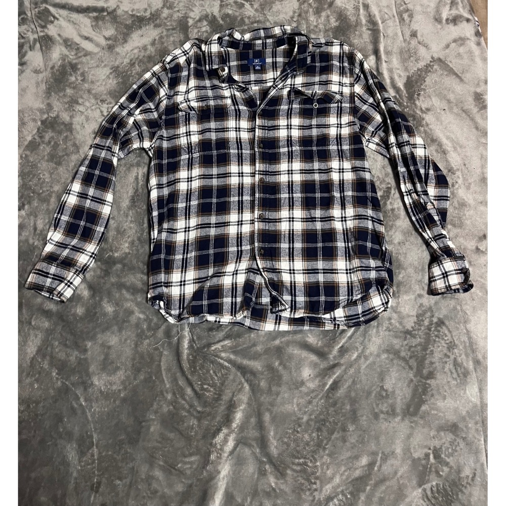 George Mens Flannel Button Down Shirt Navy Blue White Tan Plaid Size Medium